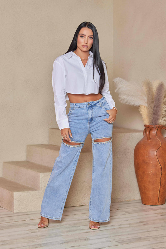 Queen Cut-Out Front Rhinestone Denim Jeans